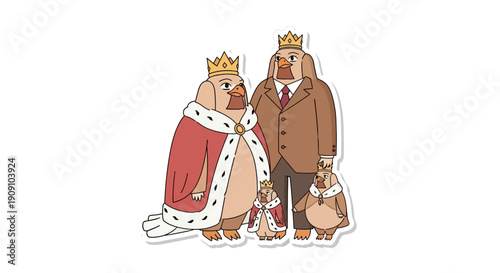 A Royal Family of Birds with Crowns, Robes, and Suits, Standing Together