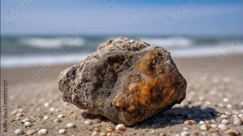 Hand holding a large chunk of raw ambergris. perfume ingredient concept.