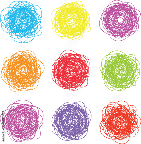 Set of colored tangle elements on isolated background. Collection of tangled shapes on white. Hand drawn abstract sketches
