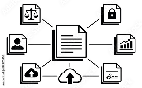 Modern line art document network set featuring central document connected to legal, security, user, upload, report, and signature icons for business data management