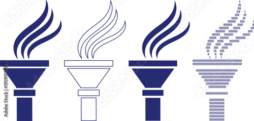 Olympic torch symbol icons set with diverse artistic styles including solid outline and halftone effect on grey grid
