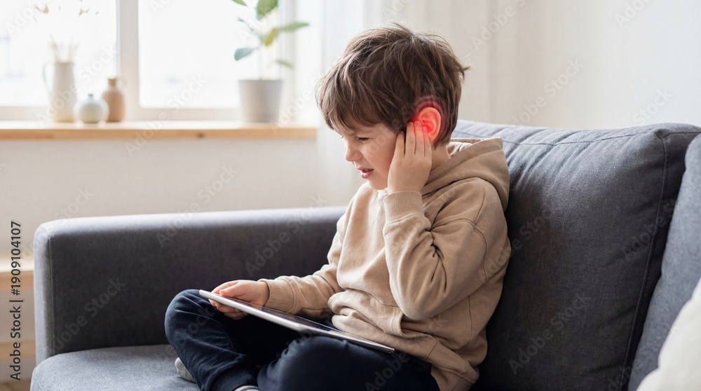 Fototapeta premium Boy with earache sitting on sofa and holding tablet. Kid suffering from pain in ear. Health problem, inflammation, otitis concept.