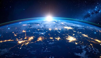 Sunrise Over Earth From Space, City Lights Visible.