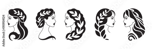 elegant female portraits with classic hairstyles and laurel leaf crowns vector art set