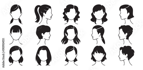 diverse female hairstyles and haircuts vector illustrations set on white background