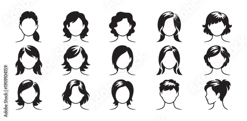 Woman hair silhouette avatar set vector illustration simple female hairstyle head portraits