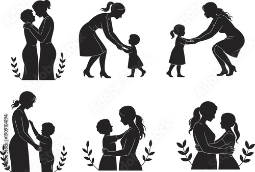 Mother and child silhouette collection, loving parent moments, emotional bond illustration, family love, nurturing care, isolated on white background vector art
