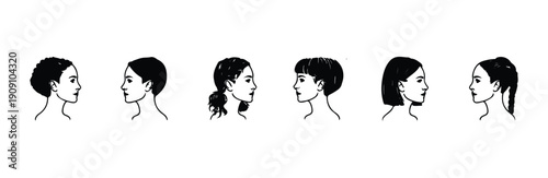 Set of six distinct female hairstyles showcasing diverse beauty and fashion trends