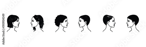 Various female hairstyles collection profile view showcasing different hair lengths and textures