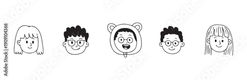 Five different cartoon children's faces and avatars in black and white doodle style