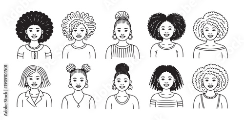 Ten beautiful black women avatars with various afro textured hair and updos icons