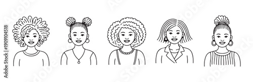 Five young women avatars showcasing afro curly hair updos and stylish short haircuts vector