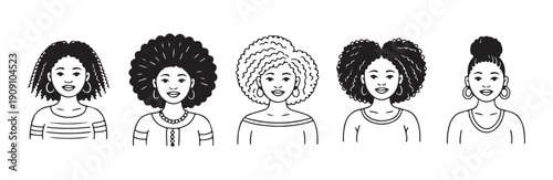 Five black women portraits with curly textured hair updos and different casual tops