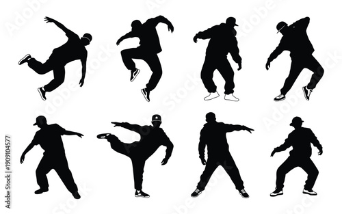 Collection of dynamic black vector silhouettes of people dancing and performing energetic movements on white background