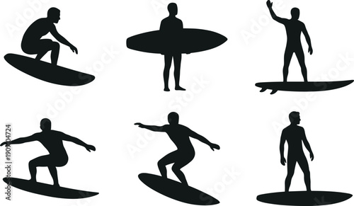 Surfing silhouette set, surfer riding wave standing with surfboard isolated on white background extreme sport vector illustration collection