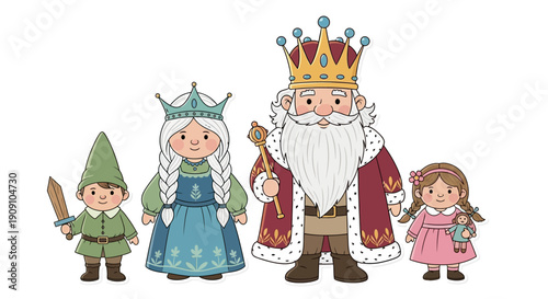 Fairy Tale Characters A King, Queen, Gnome, and a Little Girl with a Doll