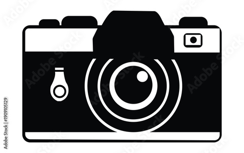 Retro film camera silhouette icon with classic lens detail and viewfinder design