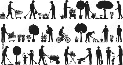 People gardening, planting trees, watering plants, carrying flowers, shopping for plants, riding bicycle, family gardening, outdoor planting activities, gardening tools, horticulture silhouettes