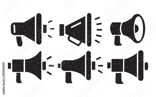 Megaphone icons set with grunge texture effect for communication and announcement
