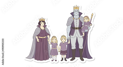 Royal Family Illustration Featuring King, Queen, and Their Children