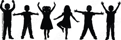 Children silhouette collection showing happy kids with raised arms, jumping and standing poses isolated on white background for education, childhood and celebration concepts