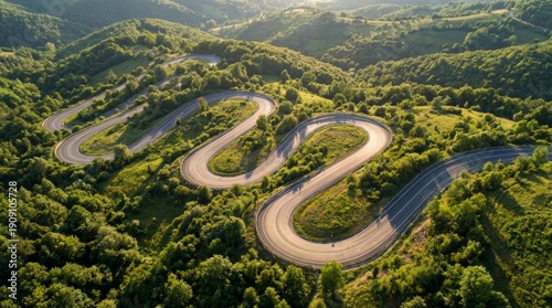 Winding mountain road aerial view lush green forest travel adventure