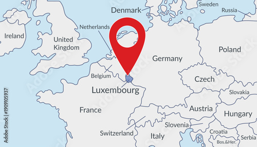 Luxembourg on the Europe map with pin location marker. Vector flat template.