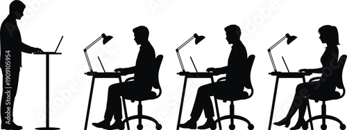 Business presentation and office work silhouettes, professional employees using computers, modern workplace training concept, black flat vector illustration