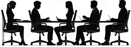 Business meeting silhouettes at conference table, corporate teamwork discussion, office communication concept, professional colleagues collaboration, black flat vector illustration