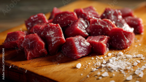 Raw chunks of red meat seasoned with salt on a wooden cutting board