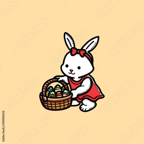 Cute Bunny in Red Dress With Easter Basket of Painted Eggs for Spring Holiday