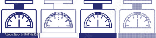 Kitchen scale icons in blue color with dial and measurement units on transparent background