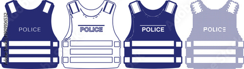 Police vest or bulletproof body armor icons in blue color on transparent background safety gear
