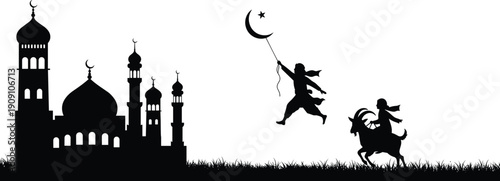 Muslim kids silhouette celebrating Eid, boy holding crescent moon, child riding goat, mosque background, Islamic festival joy, traditional culture art