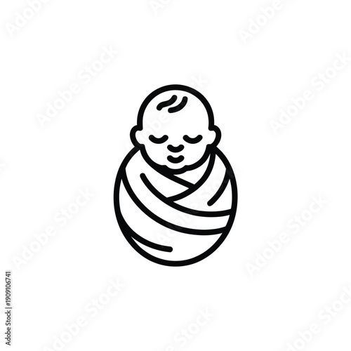 A simple line drawing of a swaddled baby sleeping peacefully