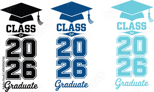 Class of 2026 Graduate Emblem Set Featuring Mortarboard Caps and Varsity Typography in Black, Navy, and Teal for Senior Year Graduation and Commencement Design