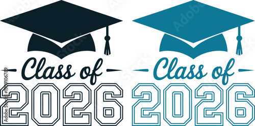 Class of 2026 Graduation Emblem Set Featuring Mortarboard Caps and Varsity Typography in Black and Teal for Senior Year Celebrations and Commencement Design