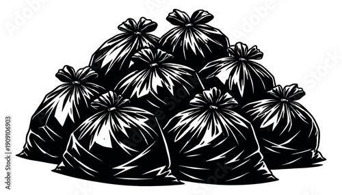 Bold line art trash bags set featuring a pile of tied garbage sacks for waste management and environmental design