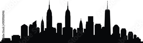 PSilhouette of modern city skyline with tall skyscrapers, urban landscape design, black cityscape illustration isolated on white background