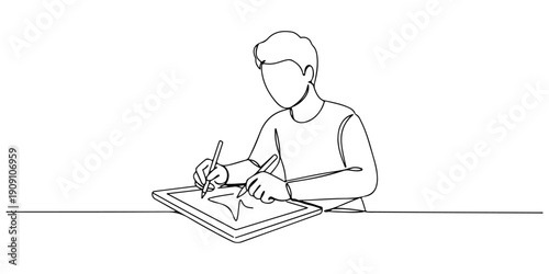 Continuous one line of a person sketching on a tablet, symbolizing design innovation, drawn illustration.