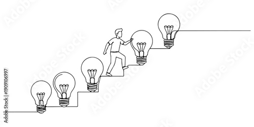 Continuous one line of a person climbing stairs made of lightbulbs, symbolizing the journey of innovation, drawn illustration.