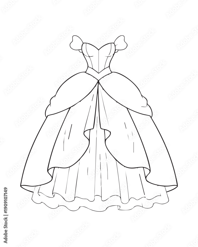 Fototapeta premium Ornate Off-The-Shoulder Ballgown Princess Frock with Tiered Skirt and Detailed Decorative Outline Stroke