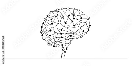Continuous one line of interconnected nodes forming a brain shape, captured in a technological and futuristic continuous line art style, symbolizing innovative thinking, drawn illustration.