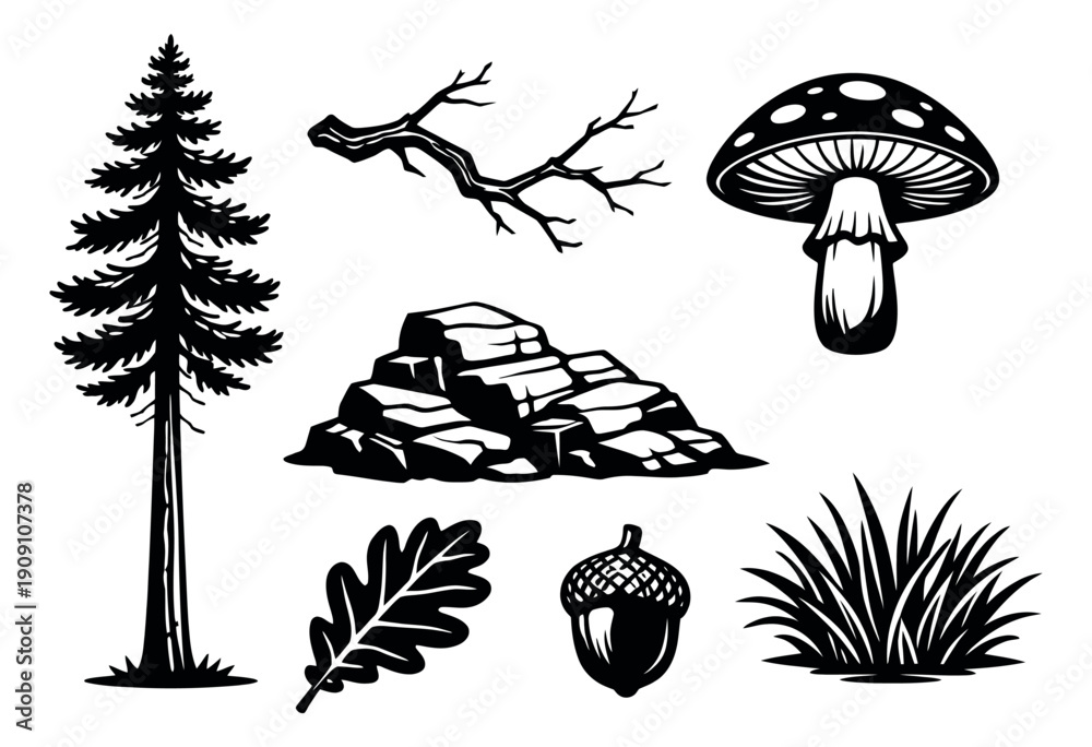 Fototapeta premium Hand drawn forest elements set featuring a pine tree, mushroom, rocks, and an acorn for nature-themed design projects
