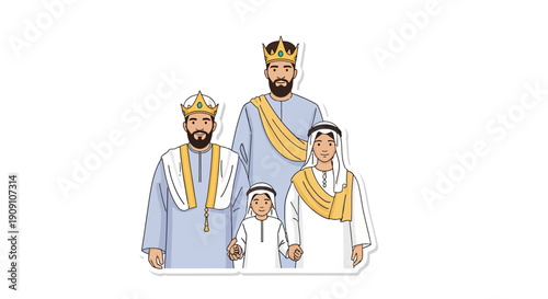 Illustrations of a Royal Family in Traditional Arabic Clothing with Crowns