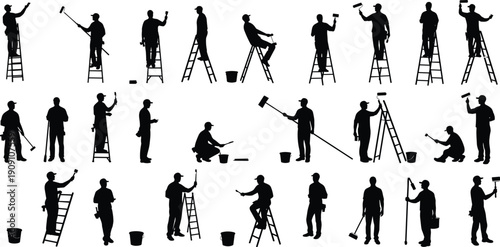 Painter silhouettes, workers painting wall, ladder scene, man with roller, construction labor, home improvement concept, vector illustration, black icons
