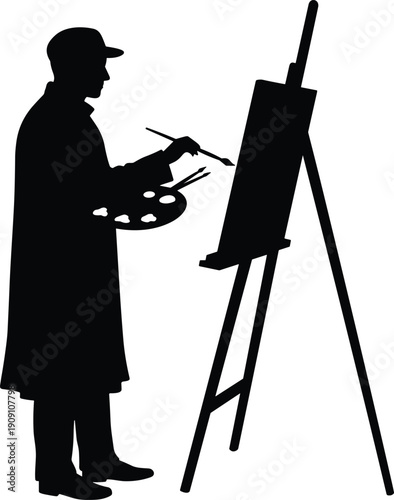 Silhouette of male artist painting on canvas with brush and palette, standing at easel, creative studio scene, vector illustration