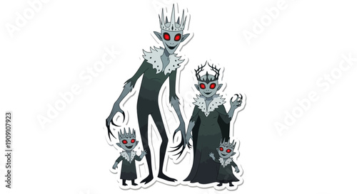 Spooky Vampire Family Portrait Illustration with Glowing Red Eyes and Crowned Heads