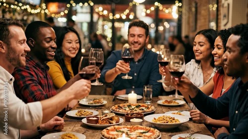 Diverse group of friends smiling and clinking red wine glasses over a table filled with pizza and pasta at a cozy restaurant dinner party