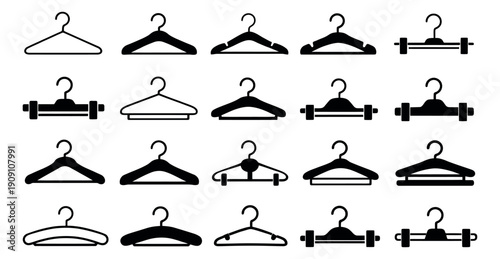 Simple icon clothes hanger set featuring various outline and filled designs for fashion, retail, and wardrobe organization